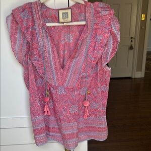 HUNTER BELL Pink and Blue Flutter Sleeve Ruffled Blouse